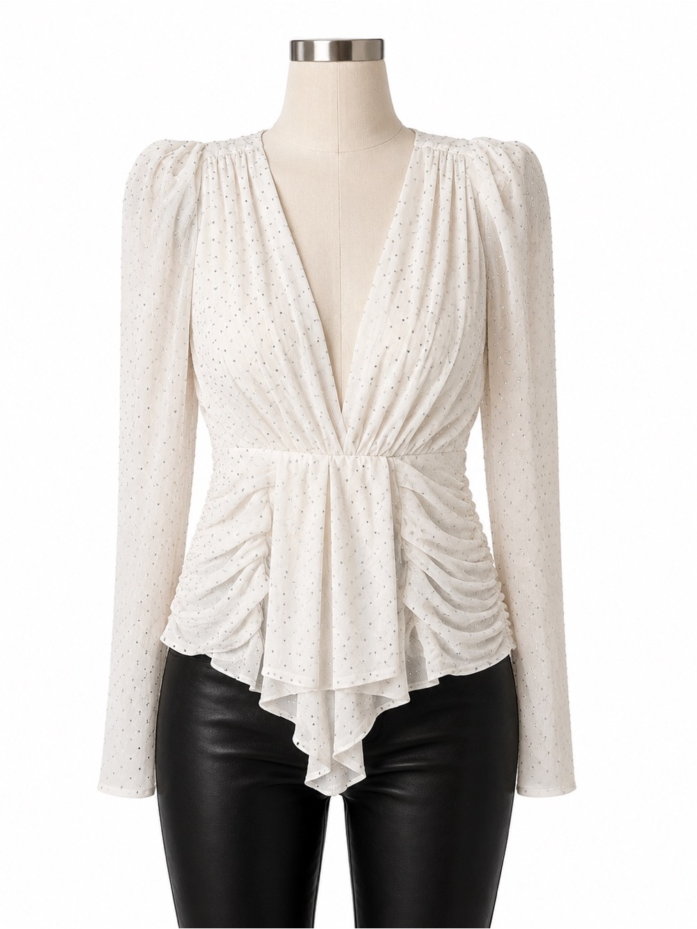 Ronny Kobo Collection Trina Ivory Deep V Ruffle Peplum Blouse